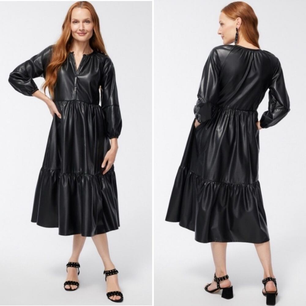 NWT Chico’s Pleather Faux Leather Tiered Midi Dress Black Size 8 Medium